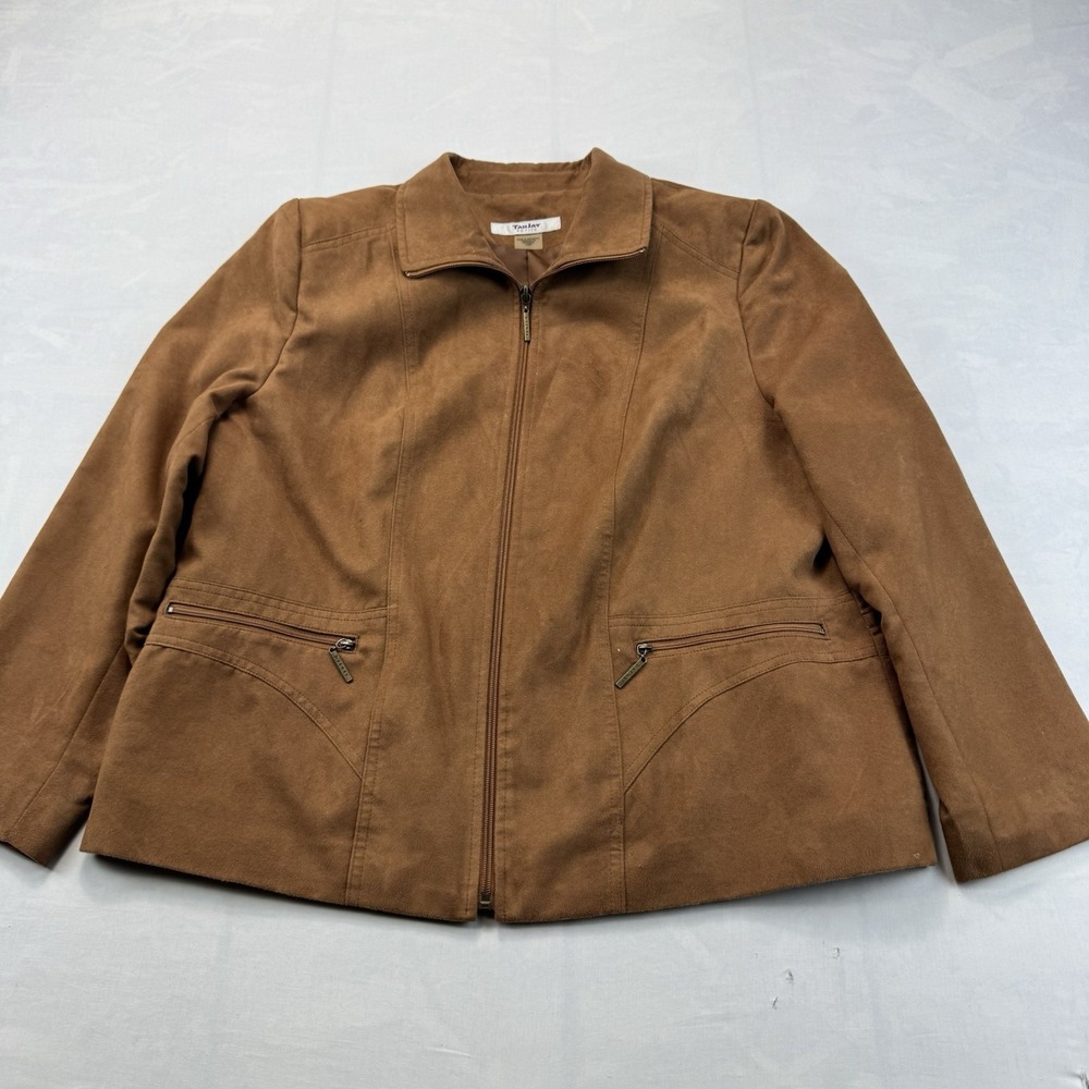 TanJay Petite 14P Brown Faux Suede Zip Front Jacket Blazer Coat Pockets
